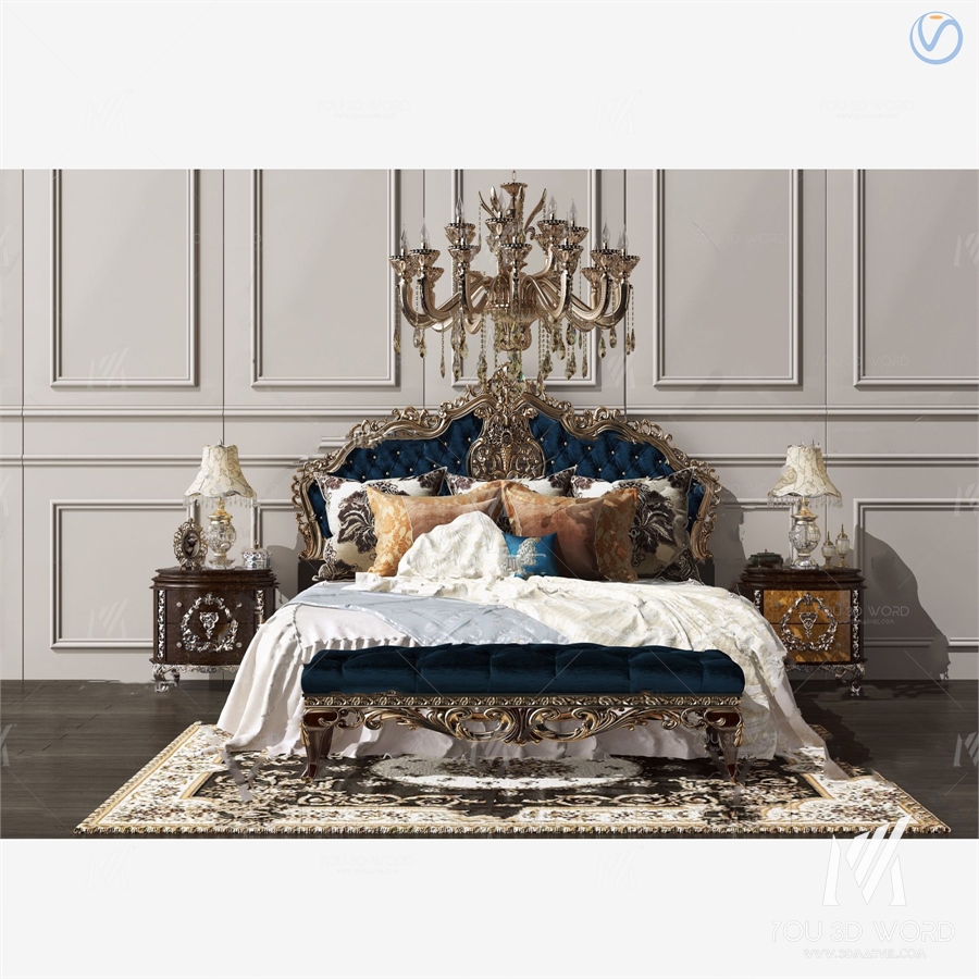 European style fabric double bed 3d model